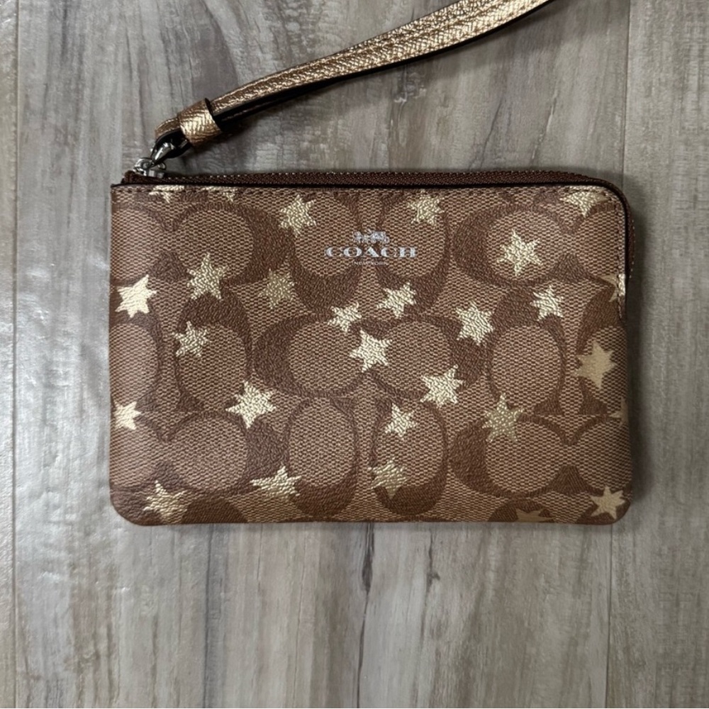 Coach Tan and Gold Star Wristlet